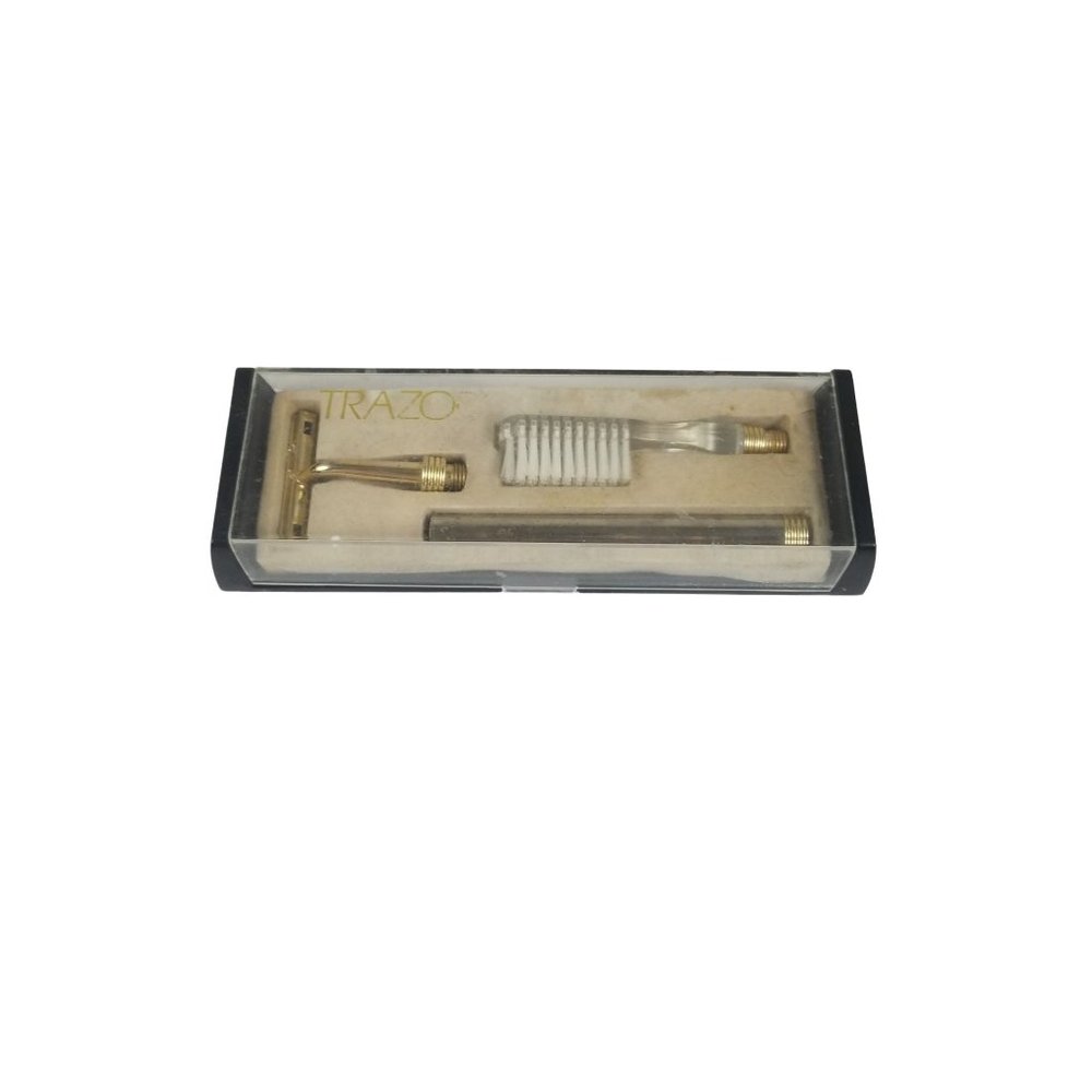 Rare Vintage Trazor Travel Razor 3 Pc Set Shaver Toothbrush Screw On Handle 50s